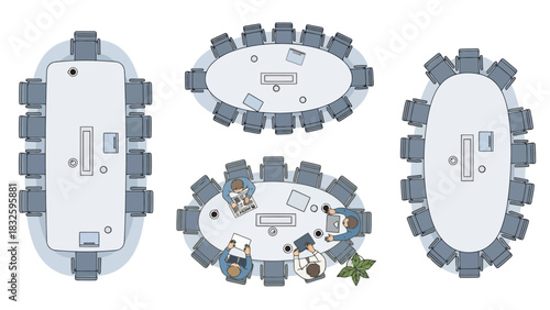 A collection of top-down illustrations showing various office meeting room layouts, including a collaborative business session around a conference table