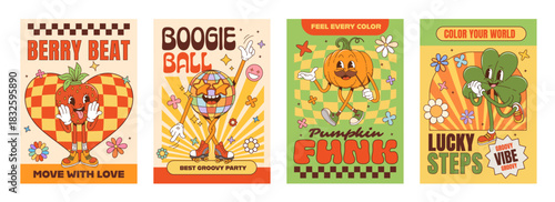 Party groovy characters posters. Retro cartoon strawberry, pumpkin vegetable, disco ball and clover personages featuring playful funky dancing with roller skates, sunglasses, and groove vintage vibes