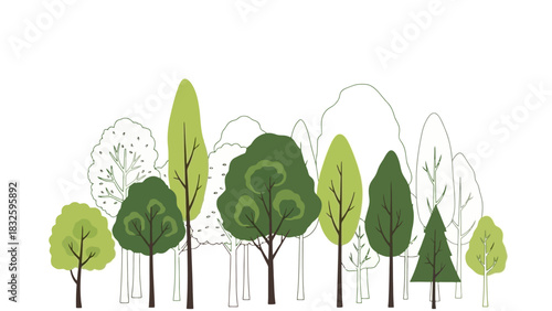 A diverse collection of trees, depicting various styles and sizes, creating a lush and natural forest scene