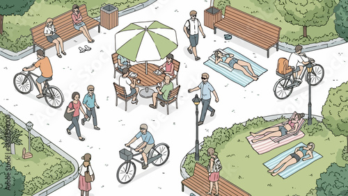 A vibrant illustration of community life with people relaxing, cycling, and sunbathing in a sunny urban park