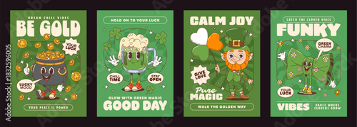 St Patrick Day irish holiday groovy characters green posters set. Retro hippie St Patrick Day vector personages, leprechaun with lucky clover, green beer, gold pot and bowtie groovy characters posters