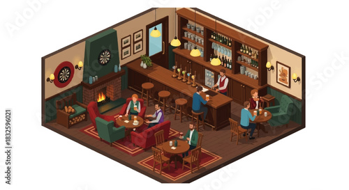 Classic English Pub Bar Vector – Traditional British Tavern with Beer, Ale, and Rustic Interior isomatric vector Illustration