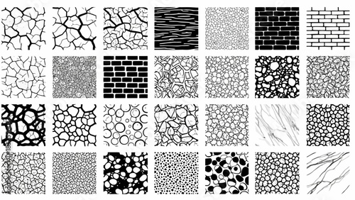 Diverse Black and White Textures Cracks, Bricks, and Circular Patterns
