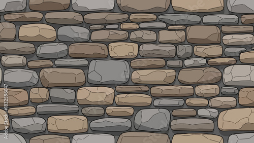 Hand-drawn seamless pattern of an old stone wall, a rustic cobblestone texture for a background or backdrop