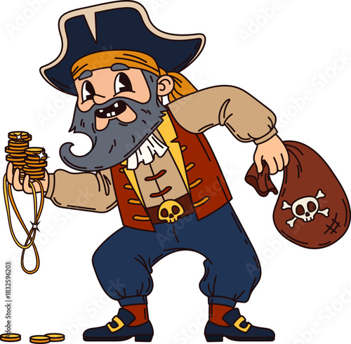 Old corsair pirate cartoon funny character. Pirate bandit cute personage, captain cheerful vector mascot. Corsair tough fighter funny character with grey beard, wearing tricorn hat and golden coins