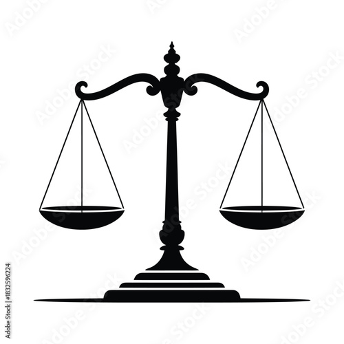 Silhouette of scales of justice, symbolizing law, balance, and fairness in legal proceedings and judicial decisions, emphasizing impartiality and equity
