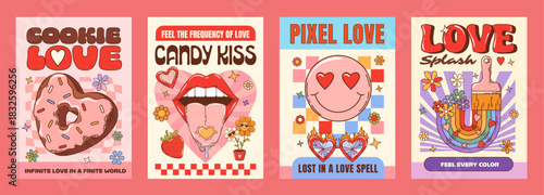 Retro party groovy love characters posters featuring heart shaped donut, daisy flowers, rainbow, lips and playful romantic expressions. Vector bright and quirky cards with y2k hippie and vintage vibes