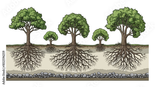 Illustration of trees of varying sizes with exposed root systems showing depth and soil layers
