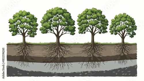 Ecological concept illustration showing a cross-section of trees with extensive root systems growing in soil layers