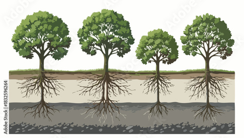 Various Tree Sizes with Roots An Illustration Depicting Different Tree Growth Stages