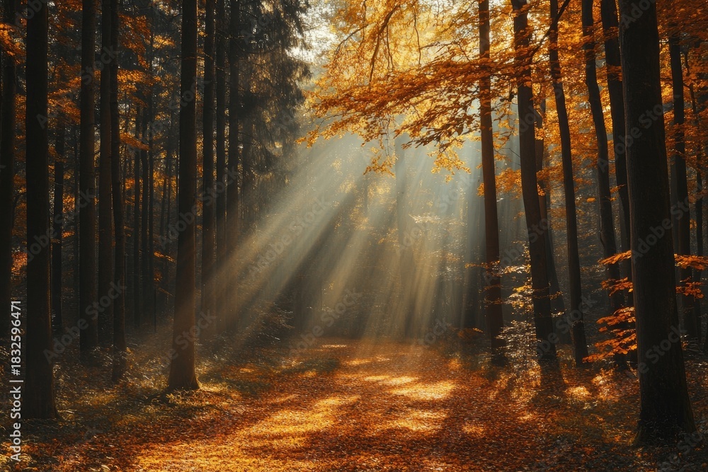 Fototapeta premium A serene autumn forest with tall trees adorned with golden leaves, a winding path leading through the center, and a soft, warm light filtering through the canopy.