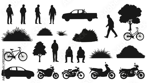 Collection of Silhouetted Outdoor Elements Including People, Vehicles, Trees, and Bushes