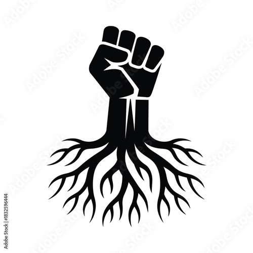 Black power fist with roots, symbolizing strength, resilience, and the deeprooted connection to heritage and community