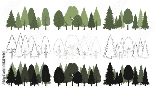 Collection of diverse forest trees in various artistic styles
