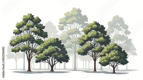 Stylized illustration of a peaceful green forest grove with layered trees creating a sense of depth and tranquility