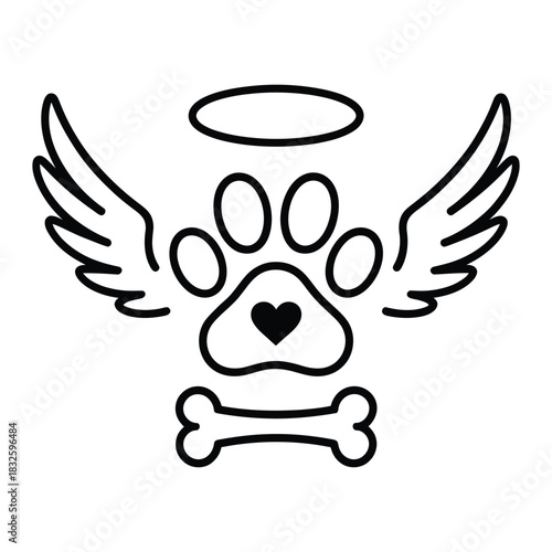 Angelic pet memorial design features a paw print with wings, halo, heart, and bone, symbolizing love and remembrance for a beloved animal companion