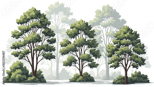 An isolated illustration of a lush green forest grove with a misty, ethereal background, symbolizing nature and tranquility