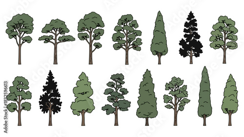 Assorted Trees Set of Vector Illustrations with Various Tree Types and Styles for Design Projects