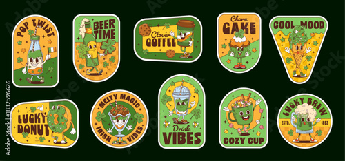 St Patrick day hippie groovy label stickers with funny characters for Irish holiday, cartoon vector. Groovy green ale beer with funny face and cupcake in leprechaun hat for Saint Patrick stickers