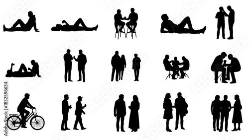 Silhouette collection of people in various activities, like talking, cycling, and relaxing