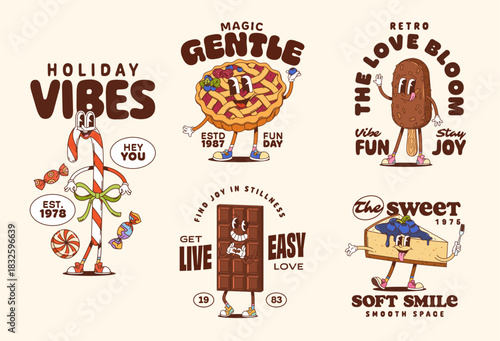 Dessert groovy characters stickers and sweets t shirt prints. Funky retro mascots chocolate bar, cheesecake, candy cane, pie and popsicle with funny cartoon faces. Vector dessert with 70s hippie vibe