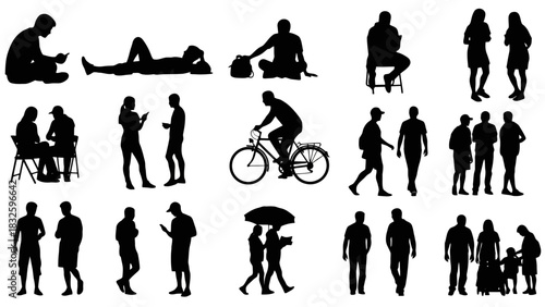 Collection of black silhouette figures engaged in various activities, indoor/outdoor scenes