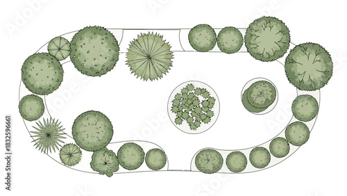 Top-down view of a landscaped garden design with diverse trees and plants
