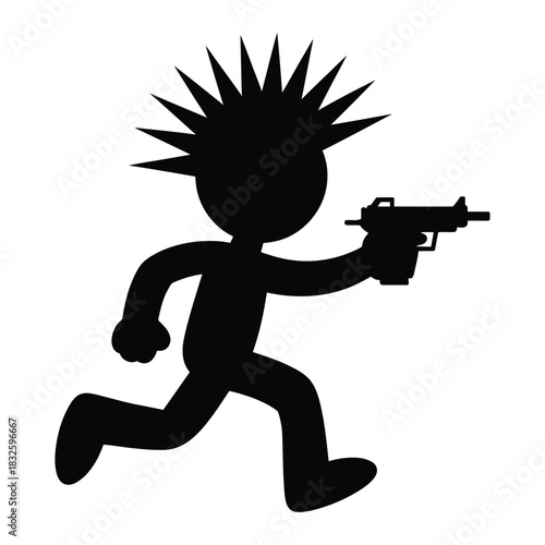 Silhouette of a punk stick figure running with a gun the figure has a mohawk and is holding a firearm, conveying action and rebellion