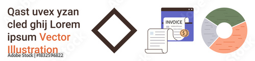 Financial management, data analysis, business reporting, accounting, documentation, billing systems. Image shows an invoice sheet, a diamond icon and a pie chart. Financial management and data