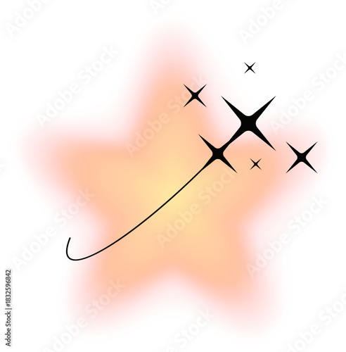 Minimal aesthetic five point star shape or decoration. Minimal geometric frame, graphic vector design element. Aesthetic shape or border with shooting stars sparks, yellow color neon glow effect