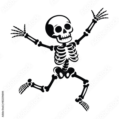 A cartoon skeleton is jumping and dancing, a fun and spooky image for halloween or any occasion