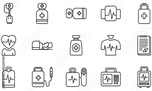 Cardiology and Emergency Medical Equipment Thin Line Icon Set. Collection of healthcare symbols like defibrillator, heartbeat, and first aid kit