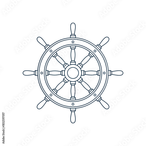 Illustration of a ships wheel, featuring a classic nautical design with eight spokes and a central hub, rendered in a clean, minimalist style