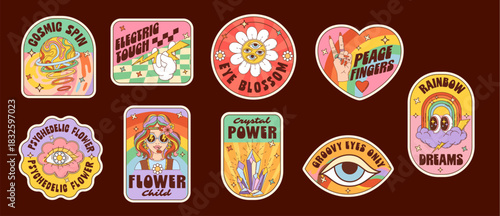 Hippie funky groovy label stickers, retro patches with peace fingers sign and rainbow, cartoon vector art. Y2K groovy stickers with hippie girl in sunglasses, trippy daisy flower and good vibe quotes
