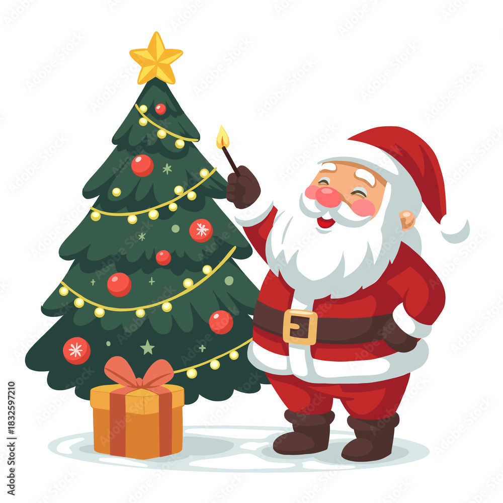 Fototapeta premium Joyful Santa Claus illuminates a festive Christmas tree with a cheerful smile, ready for holiday magic and seasonal celebrations with a beautifully wrapped gift
