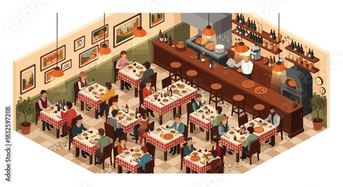 Modern Isometric Italian Cuisine Restaurant – Pizza, Pasta, and Fine Dining Vector Scene for Food Branding