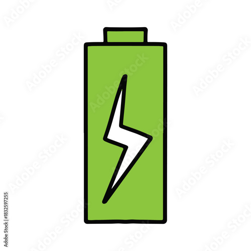 Hand Drawn battery charging icon vector.  Green full battery with lightning bolt doodle