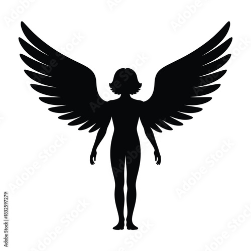 Silhouette of a woman with angel wings, symbolizing freedom, spirituality, and ethereal beauty in a minimalist design