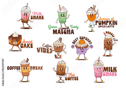 Y2K groovy desserts and drinks cartoon character stickers with funny faces, vector sweets. Cartoon groovy stickers of coffee, hot chocolate with brownie cake, milkshake and matcha tea with cupcake