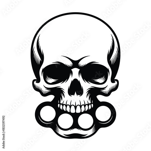 A menacing skull with brass knuckles clamped in its teeth, , creating a stark contrast and emphasizing the symbols rebellious nature