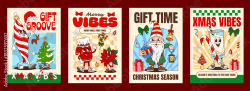 Christmas groovy hippie characters xmas posters. Vector festive retro Christmas greeting cards featuring cheerful holiday personages as bauble, mitten with poinsettia, dwarf and milk with a candy cane