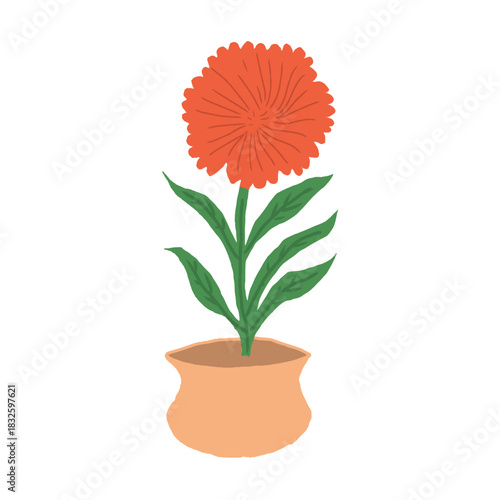 Red flower in a pot vector illustration. Flower icon. Flower logo. Floral houseplant element isolated on white background