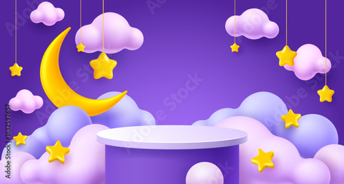 3d kids podium with night sky stars, moon and clouds. Cartoon vector dreamy circular scene with round platform, soft clouds, crescent moon and hanging stars. Magical background for showcasing products