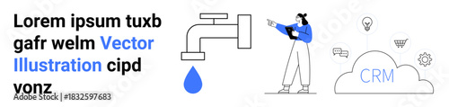 Person in business attire pointing at concepts with icons of faucet and cloud CRM. Ideal for technology, business, data management, innovation, automation, learning, simple landing page