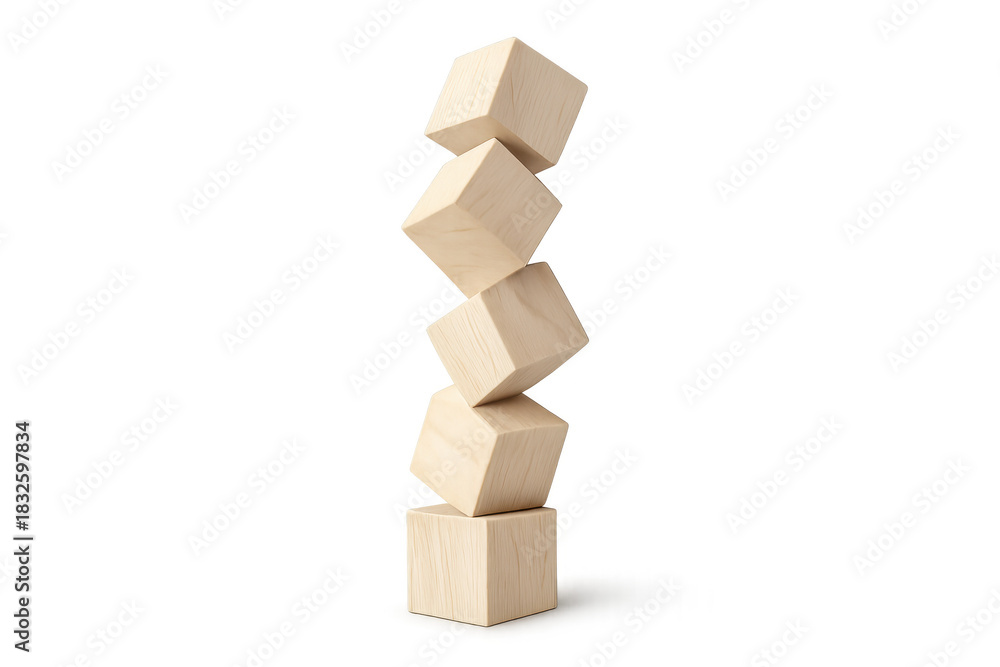 Obraz premium Wooden cubes balancing in a high stack, showing instability, risk, and a precarious structure, isolated on a transparent background