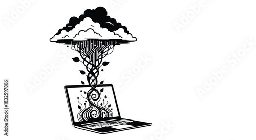 Black and white illustration of laptop with cloud and network connection, symbolizing digital communication and data transfer in a modern technological concept
