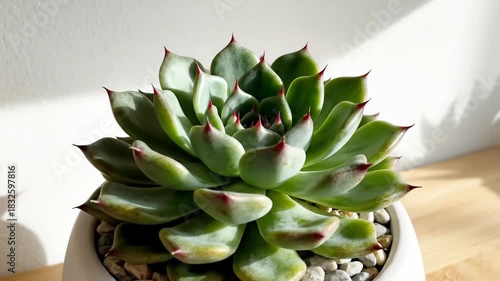 Green succulent plant in white pot illuminated by sunlight shadows on wall