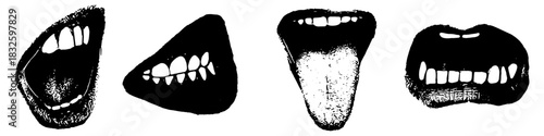 Set Black and White Mouth Silhouette Vector Ideal for speech, communication, sound, and expressive graphics. Symbolizes talking, voice, expression, and simple anatomy.