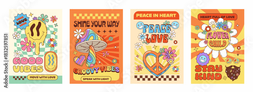 70s hippie groovy characters posters. Retro psychedelic cards with cheerful messages, smiling faces, colorful mushrooms, peace signs, flowers and bold typography, evoking free spirited vibe of the 60s
