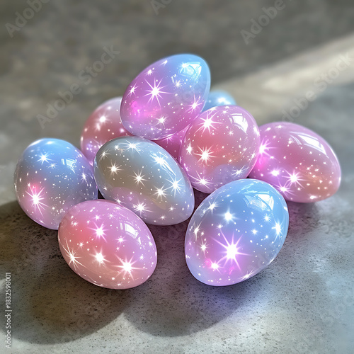 Colorful sparkling easter eggs showcase holiday decor photography indoor setting close-up perspective festive concept